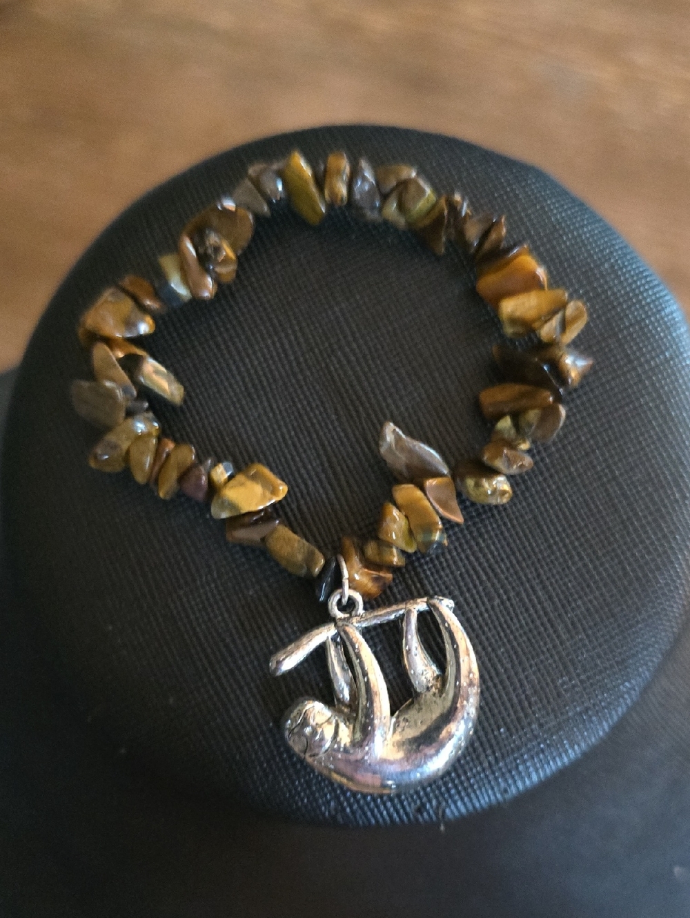 Tiger Eye Chip Strech Bracelet with Silver Tone Sloth Charm